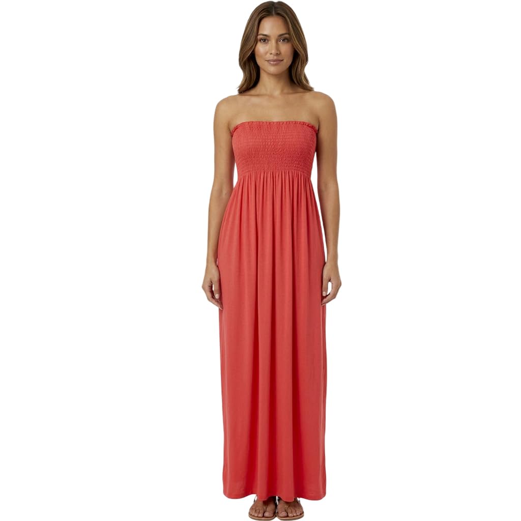 Party Hub Women's Coral ’S Plain Shirred Bandeau Maxi Dress Strapless Ruched Boob Tube Long Maxi Dress Stretch Jersey Summer Beach Dress
