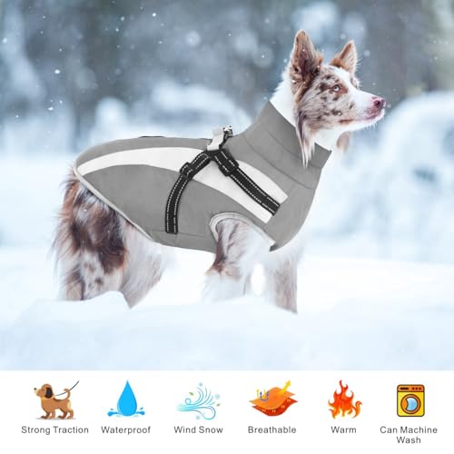 Oslueidy Wasserdichter Hundemäntelmit Geschirr Winter Warme Hundejacke Winddichte Haustier Kleidung Schneeanzug Hundejacken für Kleine Mittlere Große Hunde