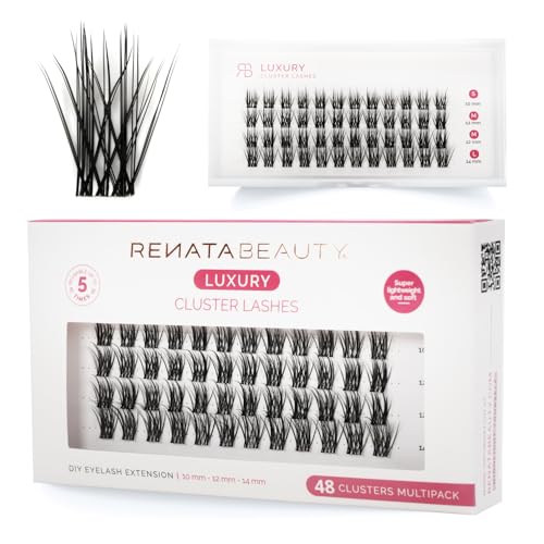 Renata Beauty LUXURY Look 48pcs Clusters de Faux Cils pour Extension Cils DIY a la Maison – Extensions de Cils Doux et Réutilisables – Bande Transparente Ultra-fine – Grappes d’Extensions de Cils