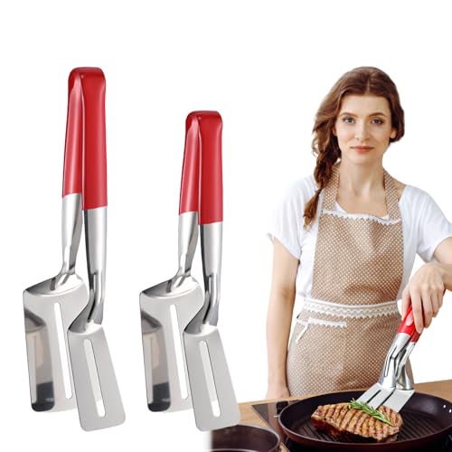 Image of Stainless Steel Grill Clamp Spatula, Anti-Scald Extended Handle Stainless Steel Grill Clamp, Multifunctional Food Flip Shovel Clip, Slotted Double Spatula for Flipping Steak Fish Bread (Red10+13in)