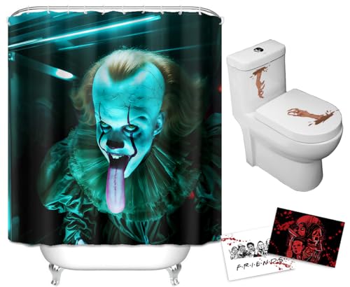 Halloween Shower Curtain Nightmare Clown Sinister Pennywise The IT, Horror Movie Themed Holiday Decoration, Waterproof Polyester Bath Curtain with Hooks, 72x72 in, Bonus: 2 Post Cards & 1 Sticker