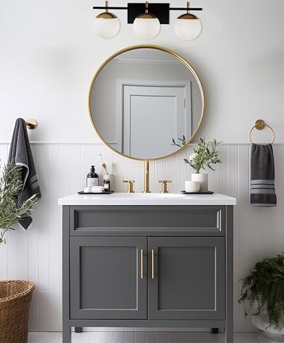 Image of GEORGE KOVACS P1353-618 Alluria Vanity Bath Light, 3-Light, 225 Total Watts, 8.5-in H x 24-in W, Weathered Black with Autumn Gold