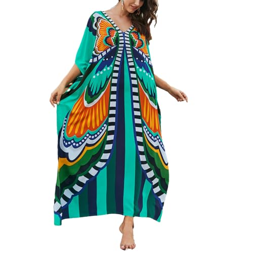 Image of sunforyou Kaftan Dresses for Women Plus Size Lightweight Swimsuit Cover up Batwing Sleeve Print Loungewear Beach Robe