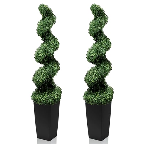 Maviss Diary 5FT Artificial Spiral Topiary Trees Set of 2 UV Resistant Faux Boxwood Plants in Square Planter Indoor Outdoor Fake Shrubs for Front Porch Entryway Patio Home Decor