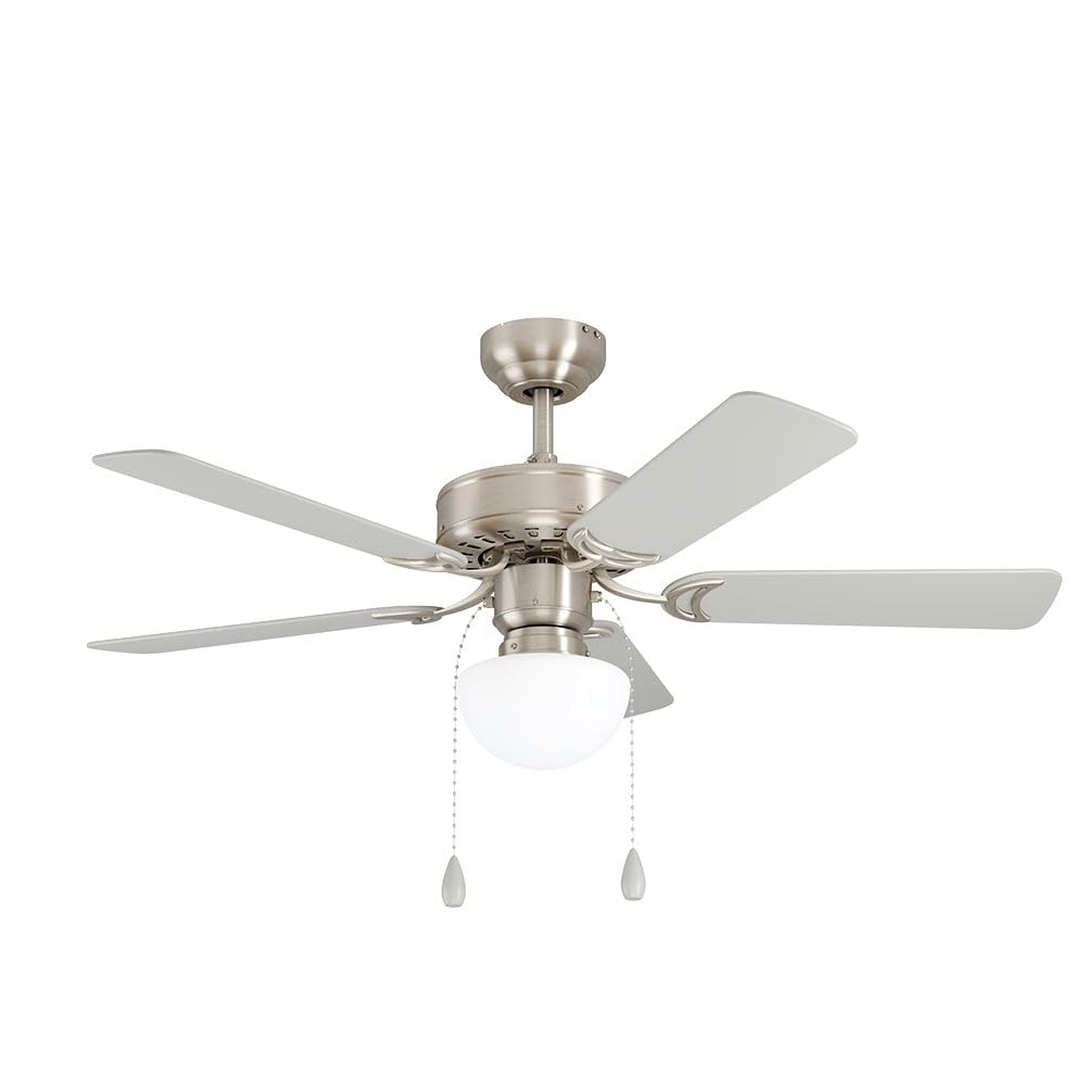 EGLO Deckenventilator CADIZ, 5 Flügel Ventilator mit Licht, Zugkette, Wendeflügel aus MDF in Silber oder Eiche, Gehäuse aus Stahl in Nickel-Matt, Sommer Winter Betrieb, AC Motor, Ø 106,6cm