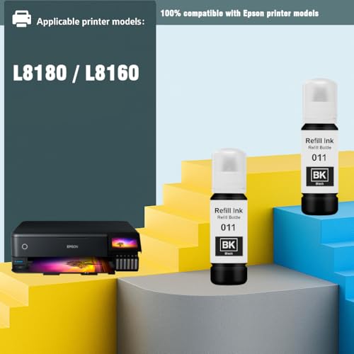 Image of KOSH 011 & 012 Refill Ink Bottle Compatible for Epson L8180 and L8160 Printers (2, Black Pack of 2)