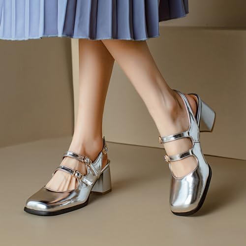 Alyaafifa Block Heel Ankle Strap Mary Jane Bow Pumps for Women Closed Square Toe Patent Leather Comfortable Dressy Shoes with Buckle Party Event Wedding Date Prom School2