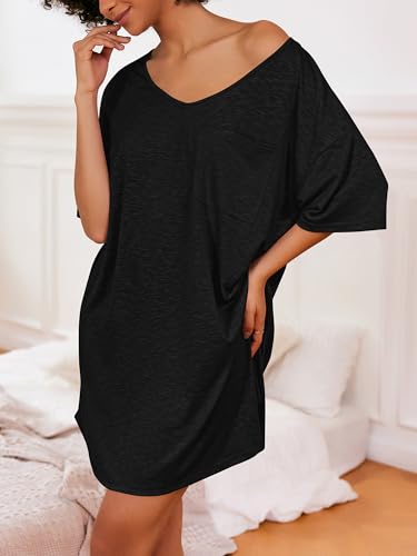 Image of Ekouaer Womens Tshirt Nightgown Cotton V Neck Sleepshirts Comfy Casual Nightshirt for Women