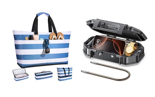 Bundle of Beach Bag with Detachable Cooler & Portable Travel Safe Lock Box for Beach/Travel/Hotel/Dorm