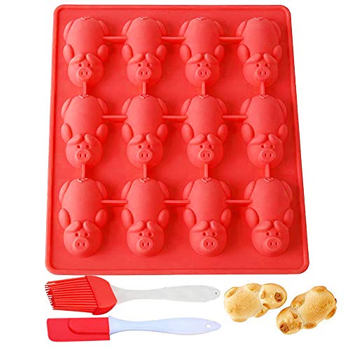 12 Little Pigs in a Blanket Silicone Baking Mold, Non Stick Silicone Molds for Muffin Tins| Easy Clean |BPA Free| Mini Cupcake Pan (Red Pig)