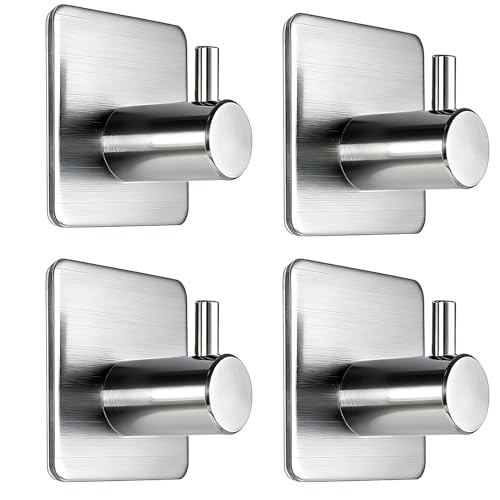 Fotosnow Adhesive Towel Hooks Heavy Duty Wall Hooks Waterproof Stainless Steel Hanger for Hanging Coat, Hat, Towel Robe Hook Rack Wall Mount- Bathroom and Bedroom 4-Packs