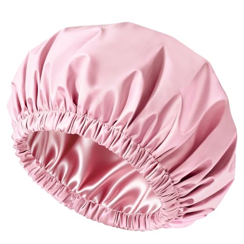 Doitory Satin Lined Shower Cap for Women Reusable Waterproof Hair Cap Large Washable Bath Caps with Soft Elastic Band Protect Long Hair Braids(Pink)