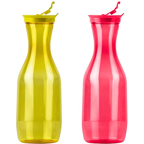 DecorRack 2 Large Water Carafes, Bottles with Flip Top Lid, 50 Oz Each, Plastic Juice Pitcher, Decanter, Jug, Serve Fridge Cold Iced Tea, for Outdoors, Picnic, Parties, Pink-Yellow (2 Pack)