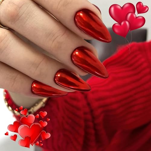 KQueenest Chrome Bright Red Press on Nails Almond Medium, Glazed Stiletto Fake Nails Medium, Metallic Acrylic Nails Press ons Mirror Effect, Sparkle Bling Glue on Nails for Women Valentine Day 24 Pcs