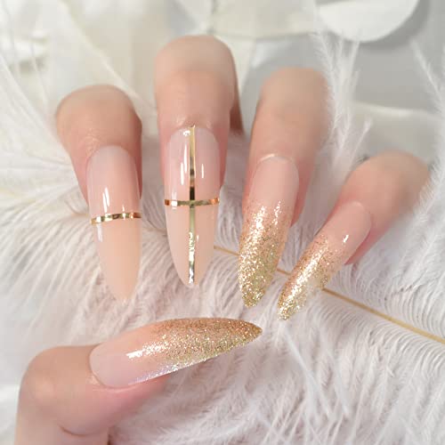 Elevenail Beige Nude Glitter French Press On False Nails Super Long Stiletto Salon Diy Manicure Reusable Fake Acrylic Nail Art Tips For Women Girls With Jelly Adhesive Tabs Nail Filec #TOP2