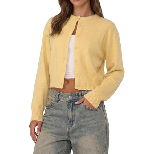 Women Y2K Button Front Crop Sweater Cardigan Solid Color Crew Neck Long Sleeve Knit Fall Tops Streetwear (Yellow, S)