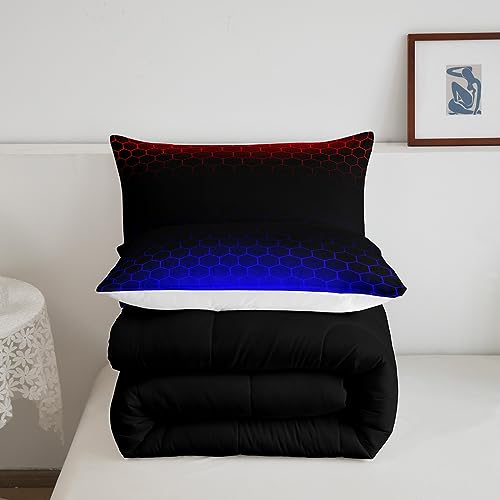 Image of Red Blue Ombre Hexagon Comforter Full Size, Honeycomb Bedding Set Geometrics Hexagon Comforter Set for Kids Boys Girls Abstract Red and Black Duvet Set Bed Set 3Pcs