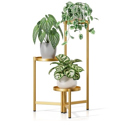 NQW 3 Tiered Plant Stand Indoor for Multiple Large Planter, Tall Heavy Duty Adjustable Folding Rack with Rustproof 7.9 Inch Wide Tray, Gold Plant Shelf for Corner Living Room - GoldDisk