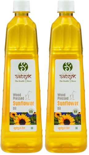 Image of S Siddhagiri's SATVYK THE HEALTH re STORE Wood Pressed Sunflower Oil - (500ml) - | Unrefined Cooking Oil| Wooden Ghani | High in Anti-Oxidants | Kachi Ghani Sunflower Oil (Pack of 2)