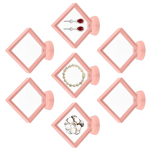 ルースケース アクセサリーケース 9x9cm 7個 セット ディスプレイケース コレクションケース 宝石 原石 フローティングフレーム 透明フィルム バッジ収納 標本 アンティーク ピアス 指輪 台座付き ピンク