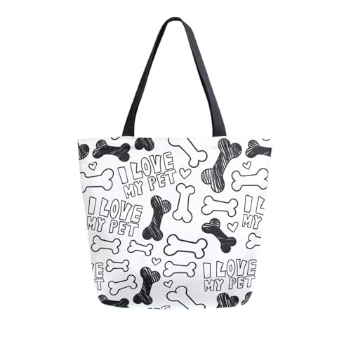 I Love My Pet Dog Bone Cute Canvas Tote Bag for Women with Zipper Pocket Reusable Grocery Shopping Bags Large Travel Shoulder Bag Handbag Bags