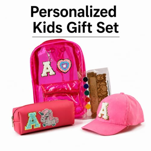 Image of AICA Gifts Personalized Kids Backpack, Pencil Pouch & Cap Combo | Name Embroidered Letters & Patch PVC Bag | Waterproof School Set with DIY Colouring Kit for Boys & Girls 2-10 Years (Pink)