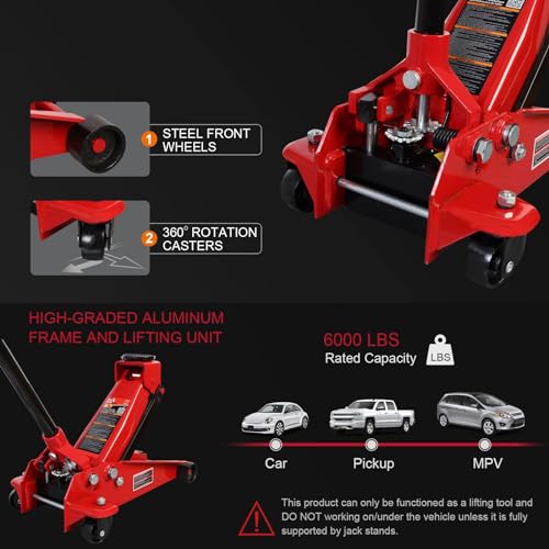 Image of Big RED T830025-1 Floor Jack Heavy Duty Hydraulic Steel Service Jack with Single Piston Quick Lift Pump and Detachable Handle, 6,000 LBS Capacity, Black