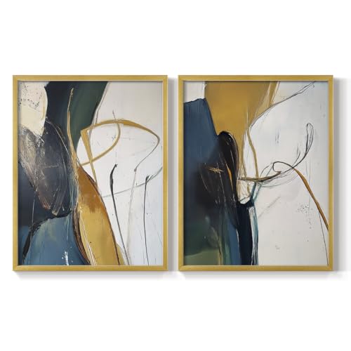 Renditions Gallery Set of 2 Peel & Stick Framed Prints, Abstract Wall Art, Swirling Colors with Gold Lines Wall Decor, Re-Stickable - Ready to Hang - 22"x28" - Gold Frame LT608