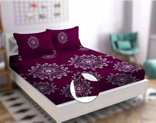 Image of Premium Cotton Feel Glace Cotton 210 Tc Elastic Fitted Bedsheets with 2 Pillow Covers Double Bed with Corner Elastic Floral Pattren |Size-72X68+ 6 Inches Homes 1643