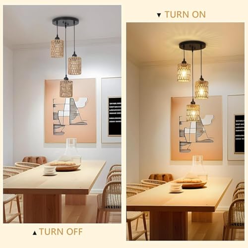 Image of 3 Lights Rattan Pendant Light, Farmhouse Dining Room Light Fixtures Ceiling Hanging, Boho Pendant Lighting with Hand Woven Wicker Shades for Kitchen Island Living Room Bedroom Foyer Hallway