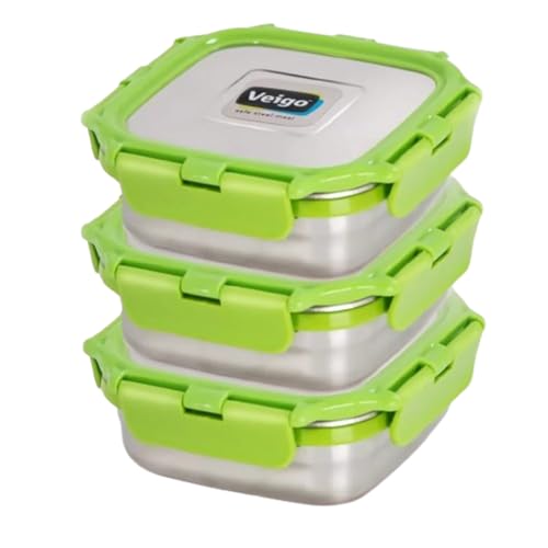 Image of Veigo Set of 3 Medium Stainless Steel Square Lunch Boxes (330ML) | Airtight & Leakproof | Silicon Ring & Polymer Frame with Secure Lid Lock| Green