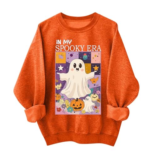 AMhomely Halloween Sweatshirts for Women Cute Funny Ghost Pumpkin Graphic Long Sleeve Shirt Fall Spooky Pullover Sweater Jumpers,H27- Orange,S