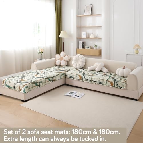 Image of HOKIPO 'Elira Series' Printed Water Repellent + Waterproof Quick Dry L Shape (3+3 Seater) Sofa Seat Cover Mat, Parchement Beige Abstract Art (AR-5249-C6*2)
