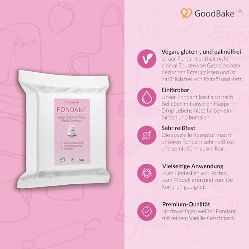 GoodBake Fondant weiß 500g – Rollfondant für Torten, Kuchen & Cupcakes, Tortendeko essbar zum Eindecken & Modellieren von Figuren – vegan, palmölfrei, glutenfrei, laktosefrei