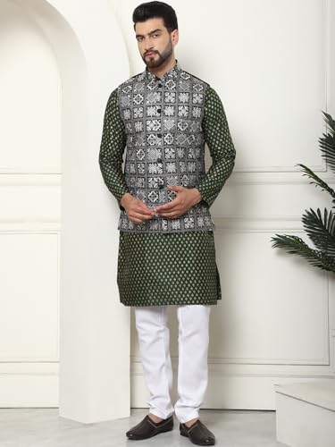 Image of SOJANYA (Since 1958 Men's Silk Blend Printed Kurta and White Pyjama with Embroidered Nehru Jacket