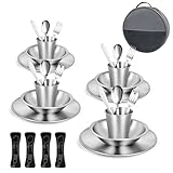 Cubiertos Camping – Vajilla de acero inoxidable. Incluye plato, cuenco, vaso, tenedor, cuchillo y cuchara. Juego de Cubiertos para llevar de picnic, acampada o autocaravana. (Para 4 Personas)