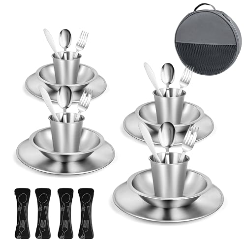 Cubiertos Camping – Vajilla de acero inoxidable. Incluye plato, cuenco, vaso, tenedor, cuchillo y cuchara. Juego de Cubiertos para llevar de picnic, acampada o autocaravana. (Para 4 Personas)