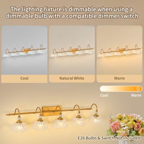 Image of Vintage Bathroom Vanity Light, 5-Light Matte Brass Finish Vanity Light with Floral Clear Glass Shades, Retro Wall Mount Lighting for Bathroom, Dressing Table