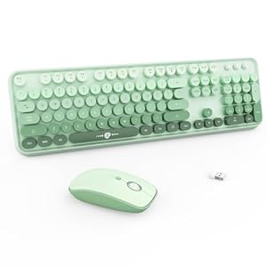 FOPETT Wireless Keyboard and Mouse Combo – 2.4G Full-Sized Cute Colorful Mouse and Keyboard with 104 Round Keys Retro Typewriter Keyboard for Laptop/Windows/PC – Green Gradient