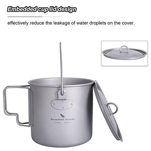 iBasingo 1100ml Titanium Mug Camping Cup Tea Coffee Water Pot with Lid Ultralight Outdoor Travel Tableware with Foldable Handle Picnic Backpacking Trekking Portable Drinkware Survival Gear Ti3041D - Image 4
