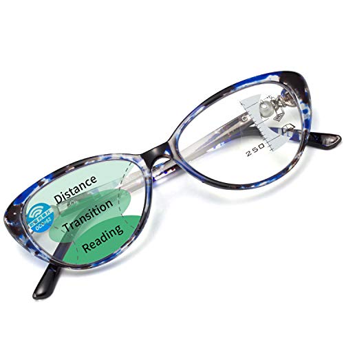 LianSan Womens Cateye Progressive Multifocal Blue Light Blocking Reading Glasses With Pearl Crown Computer Readers for Women Blue 2.50