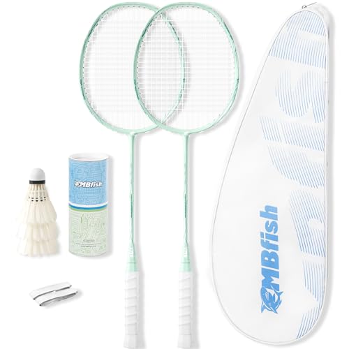 MBFISH Badminton Racket Set with 2 Carbon Fiber Rackets, 3 Shuttlecocks, 2 Replacement Racket Grip Tapes and 1 Badminton Bag - Perfect for Beginners & Outdoor Games 4U Green 2P