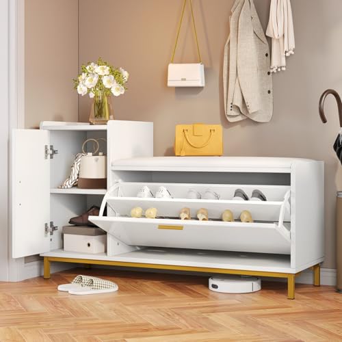 EURHCIO Meuble à Chaussures Mince 38x100x68cm,Rangement Chaussure avec Banc Rembourré,Tiroir Réversibles Double Couche,Armoire,pour Entrée Salon