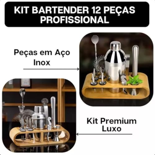 Combo Coqueteleira Bar Profissional de 12 Peças em Aço Inoxidável 550ml - Inclui Organizador de Bamb