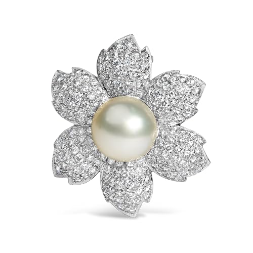 18K 2 3/4 Cttw Diamond and 12.5 MM Cultured Freshwater Pearl Floral Brooch Pin (G-H Color, VS1-VS2 Clarity)