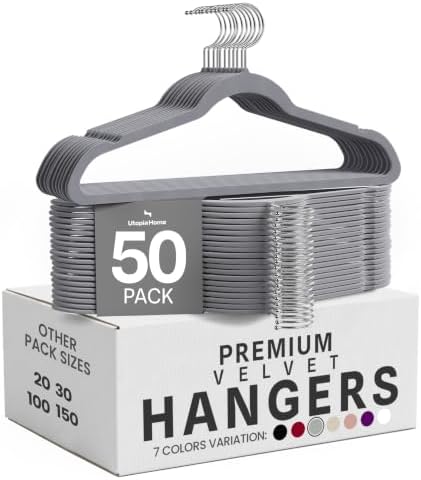 Utopia Home - Premium Kleiderbügel aus Samt (Grau, 50er-Pack) | Kleiderbügel mit Hosenstange, Jacken und Pullover halten, Rutschfest, Für Erwachsene geeignet Kleidung