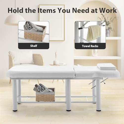 Yestar Professional Massage Table with Adjustable Backrest, Removable Headrest & Memory Foam Layer – Includes Bottom Shelf Storage, White Salon Bed for Therapists