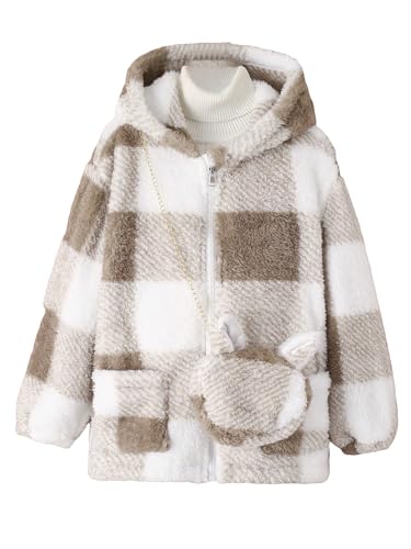 SOLY HUX Girl's Plaid Fuzzy Hoodies Jacket Zip Up Long Sleeve Coat Outerwear with Bag