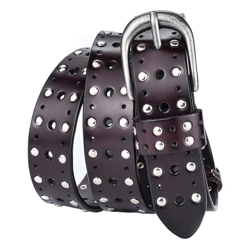 Ceinture punk clous argentés double rangée en cuir véritable unisexe rock gothique 2,8cm