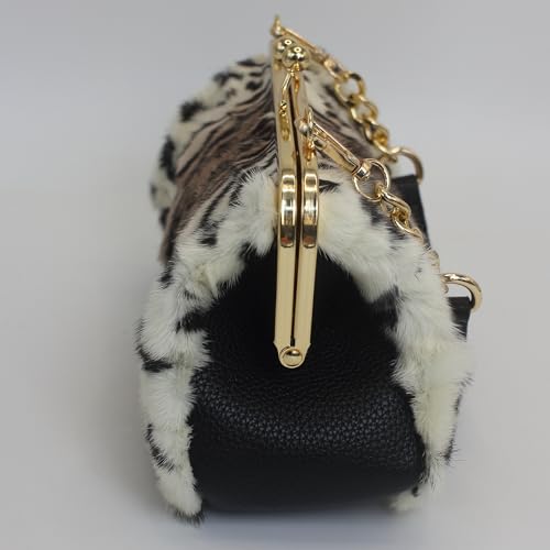 Fosrion Luxury Mink Fur Leopard Print Handbag – Small Kiss Lock Purse with Gold Chain Strap, Evening & Shoulder Bag3